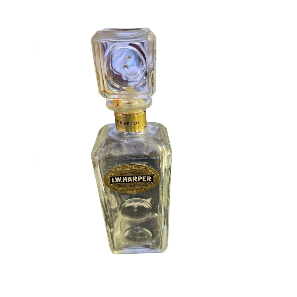 I.W. Harper Whiskey 86 Proof Square Gold Label Rectangle Glass Decanter VTG Nice
